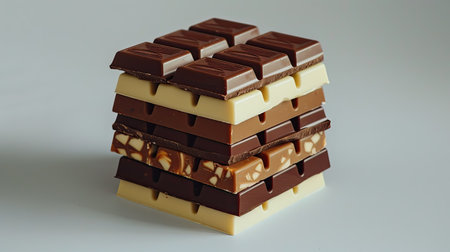 Assorted chocolate bars stacked neatly on a clean white surface.の素材