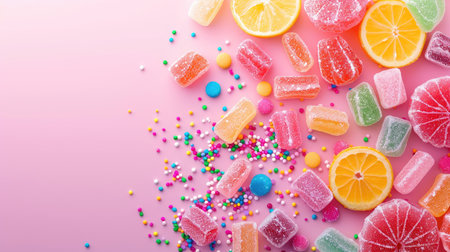 Assorted bright sugar candies creating a cheerful background.の素材