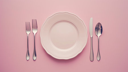 Clean silver cutlery and empty plate on delicate pink background.の素材