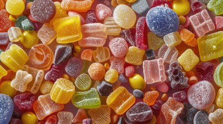 Background of colorful sugar candies in various shapes and sizes.の素材