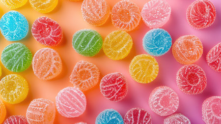 Close-up of colorful sugar candies forming a vibrant background.の素材