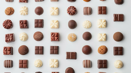 Beautifully arranged chocolate candies displayed on a white backdrop.の素材