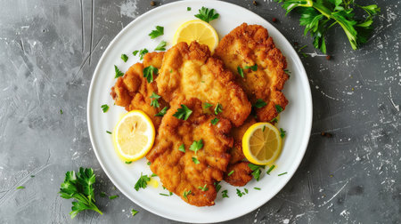 Crispy schnitzel with lemon slices and fresh parsley on white plate, viewed from above on stone surface.の素材