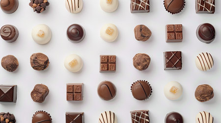 Beautifully arranged chocolate candies displayed on a white backdrop.の素材
