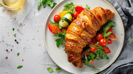 Croissant filled with cheese and fresh vegetables on a white plate, top view.の素材