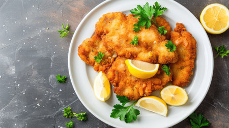 Breaded schnitzel served with lemon wedges and fresh parsley on white plate, brown stone backdrop.の素材