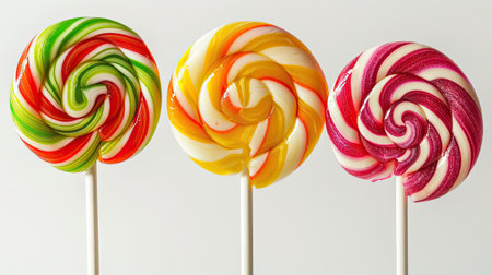 Brightly colored spiral lollipops with different swirls, isolated.の素材