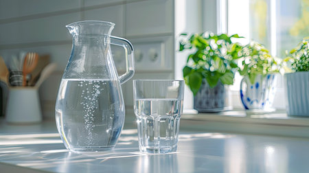 Closeup shot of jug and glass with fresh water on white kitchen surface.の素材