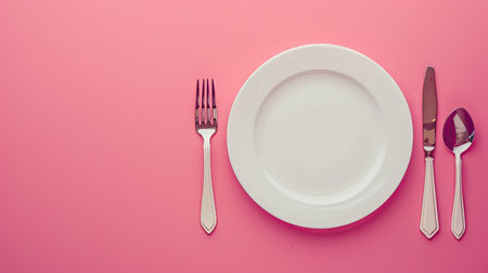 Elegant cutlery and clean white plate on a gentle pink surface.の素材
