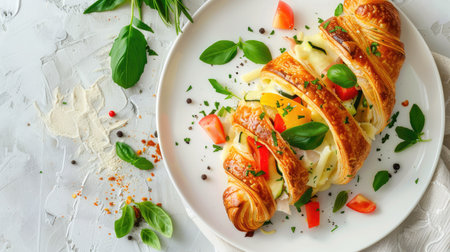 Croissant with melted cheese and colorful veggies on white plate, top view.の素材