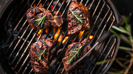 Juicy steaks sizzling on a charcoal BBQ grill outdoors, top view.の素材