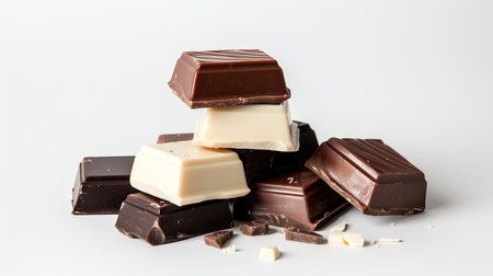 Gourmet dark and milk chocolate pieces arranged in a stack on white.の素材