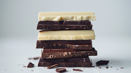 Layered chocolate bars forming a tower on a plain white surface.の素材