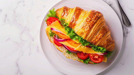 Croissant sandwich filled with cheese and colorful veggies on white plate, top view.の素材