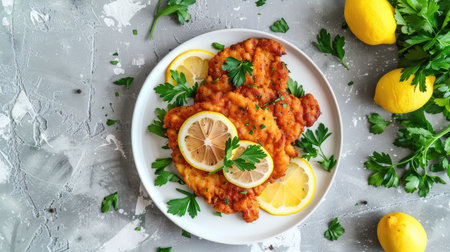 Flat lay of schnitzel topped with lemon slices and parsley leaves on white plate, stone backdrop.の素材