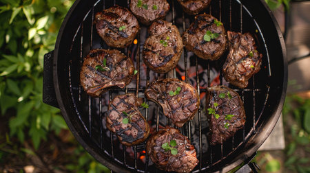 Juicy steaks on a charcoal BBQ in a backyard, viewed from above.の素材