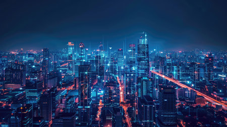 City skyline at night with abstract metaverse background, glowing urban view, top viewの素材
