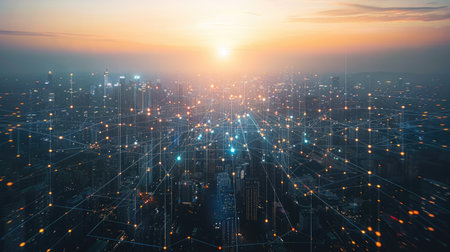 City skyline with interconnected digital network, telecommunication concept, dusk, top viewの素材
