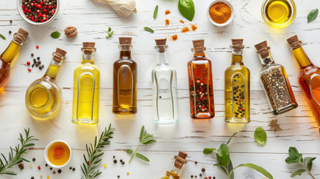 Various cooking oils and ingredients in glass bottles on white wooden table, top viewの素材