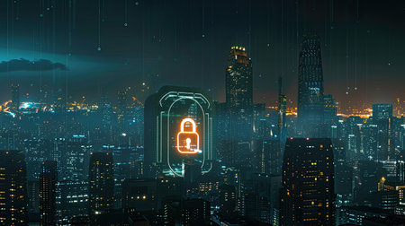City skyline at night with glowing padlock and data protection interface, panoramic viewの素材