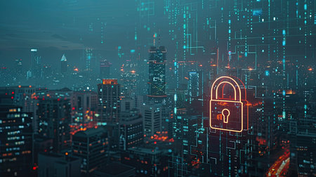 Immersive data protection interface with padlock over night city skyline, cyber security conceptの素材