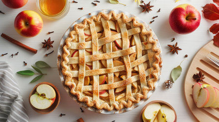 Apple pie baking with sliced apples and spices on white kitchen table, top view, flat layの素材