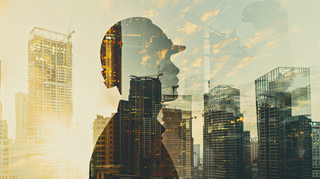 Man engineer overlaid with urban skyscrapers in double exposure, constructionの素材