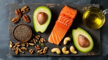 Long banner of omega-3 rich foods: avocado, salmon, flaxseed, and walnuts, healthy fats, top viewの素材