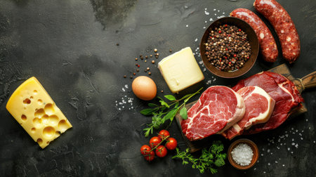 Saturated fats: raw meat, cheese, butter, and sausages on a table, top viewの素材
