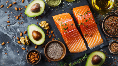 Omega-3 rich foods: flaxseed, walnuts, salmon, and avocados, healthy fats, long banner, top viewの素材