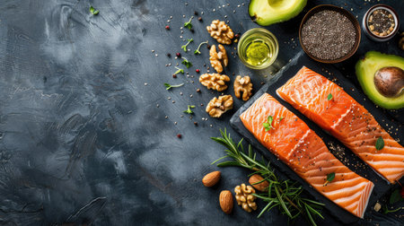 Omega-3 fats: salmon, flaxseed, avocado, and walnuts, healthy foods, long banner, top viewの素材