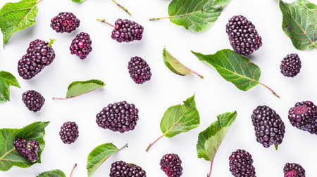 Isolated view of fresh mulberries and leaves on a clean white background. Nutritious and vibrant.の素材