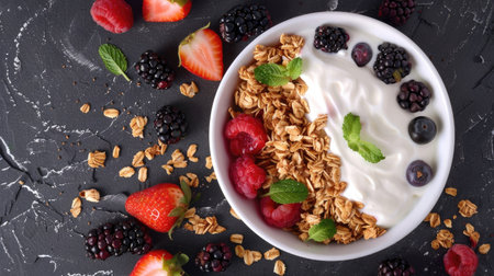 Delicious and nutritious breakfast bowl with granola, Greek yogurt, and berries, seen from above.の素材