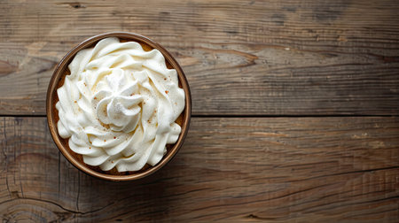 Ceramic dish with vanilla cake and milk cream topping on wooden floorの素材