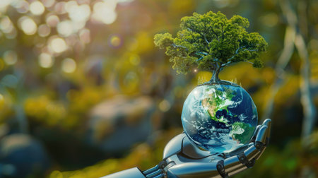 Robot hand holding Earth crystal globe and tree, conservation of natureの素材
