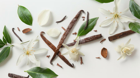 Vanilla flower, pods, and leaves arranged beautifully on a white surfaceの素材