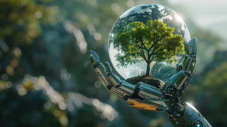 Earth crystal globe in robot hand with tree, sustainable developmentの素材