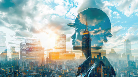 Double exposure of engineer and city skyline, architectural design conceptの素材