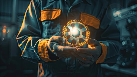 Technician holding smart service technician icon, repair and maintenance conceptの素材