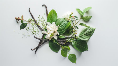 Vanilla pods, green leaves, and flowers artistically arranged on a white surfaceの素材