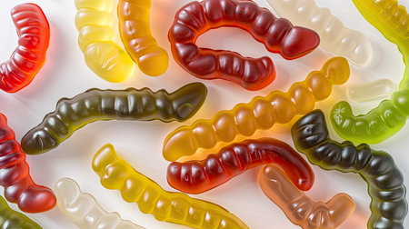 Assorted gummy worms, isolated on a bright white background.の素材