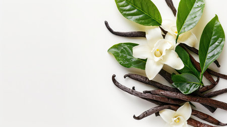 Vanilla flower and pods with vibrant green leaves on a white backgroundの素材