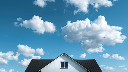 White house with black roof under a sky full of white cloudsの素材