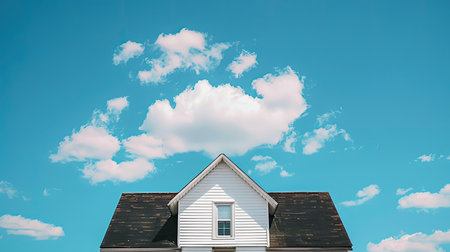 White-sided house with black roof set against a clear blue sky with cloudsの素材