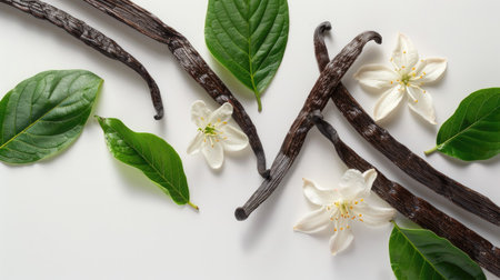 Vanilla pods with green leaves and flowers on a white backdropの素材