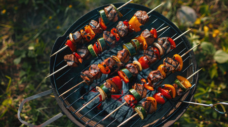 Barbecue grill with skewers of meat and vegetables, top view outdoors.の素材