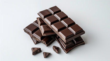 Isolated whole dark chocolate bar, top view, on a plain white surface.の素材
