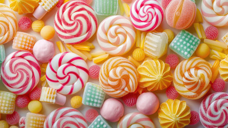 Colorful sugar candy assortment, perfect for a bright background.の素材
