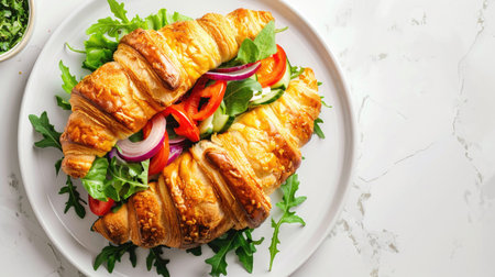 Croissant sandwich filled with cheese and colorful veggies on white plate, top view.の素材