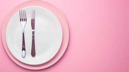 Elegant cutlery and clean white plate on gentle pink background.の素材